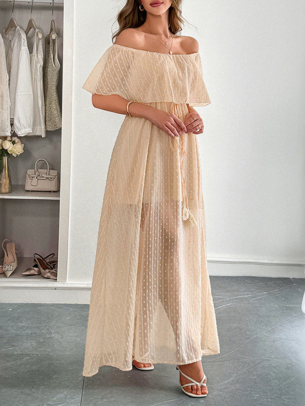 Elegant Strapless Waisted Short Sleeve Long Dress Cracker khaki