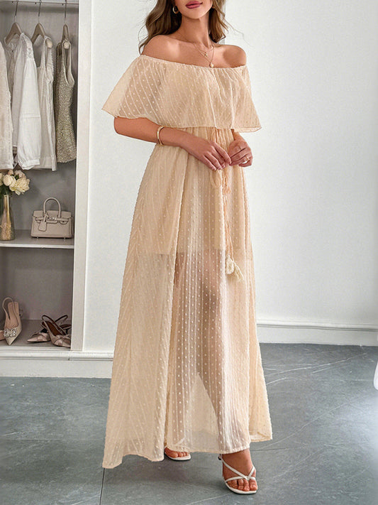 Elegant Strapless Waisted Short Sleeve Long Dress Cracker khaki