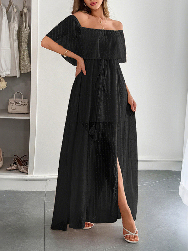 Elegant Strapless Waisted Short Sleeve Long Dress Black
