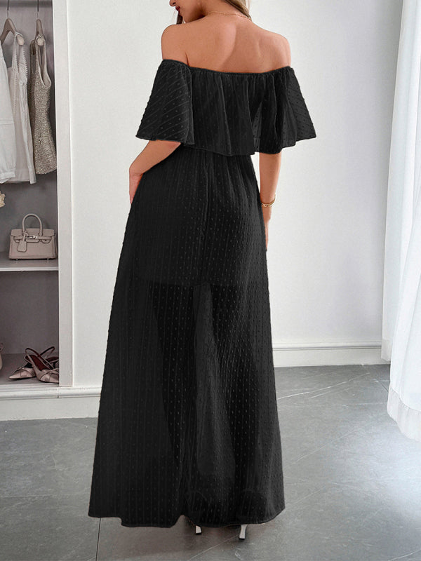 Elegant Strapless Waisted Short Sleeve Long Dress