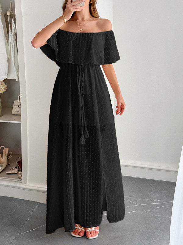 Elegant Strapless Waisted Short Sleeve Long Dress