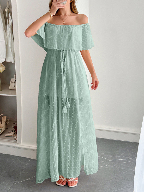 Elegant Strapless Waisted Short Sleeve Long Dress