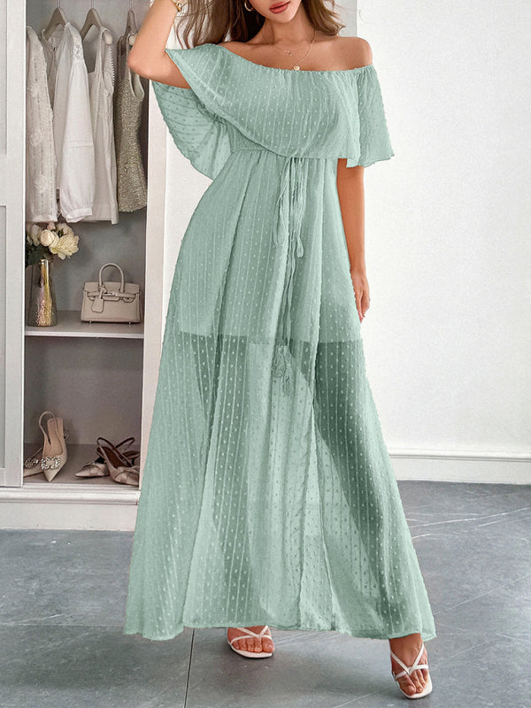 Elegant Strapless Waisted Short Sleeve Long Dress Grey green