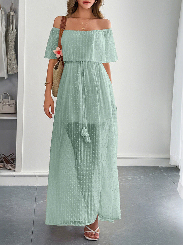 Elegant Strapless Waisted Short Sleeve Long Dress