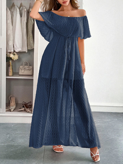 Elegant Strapless Waisted Short Sleeve Long Dress Champlain color