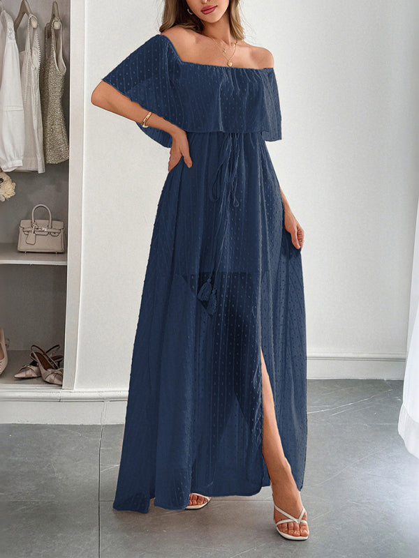 Elegant Strapless Waisted Short Sleeve Long Dress