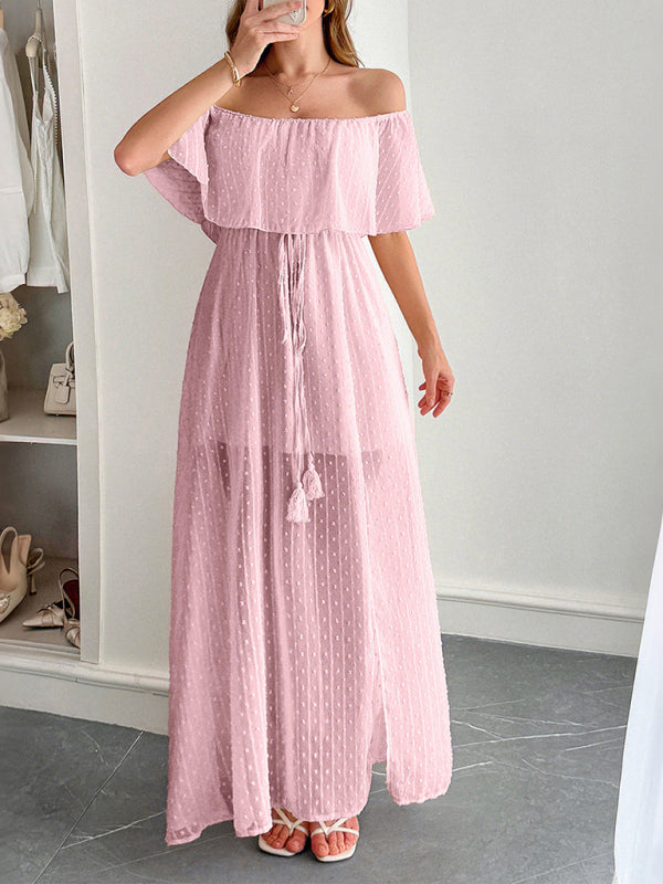 Elegant Strapless Waisted Short Sleeve Long Dress