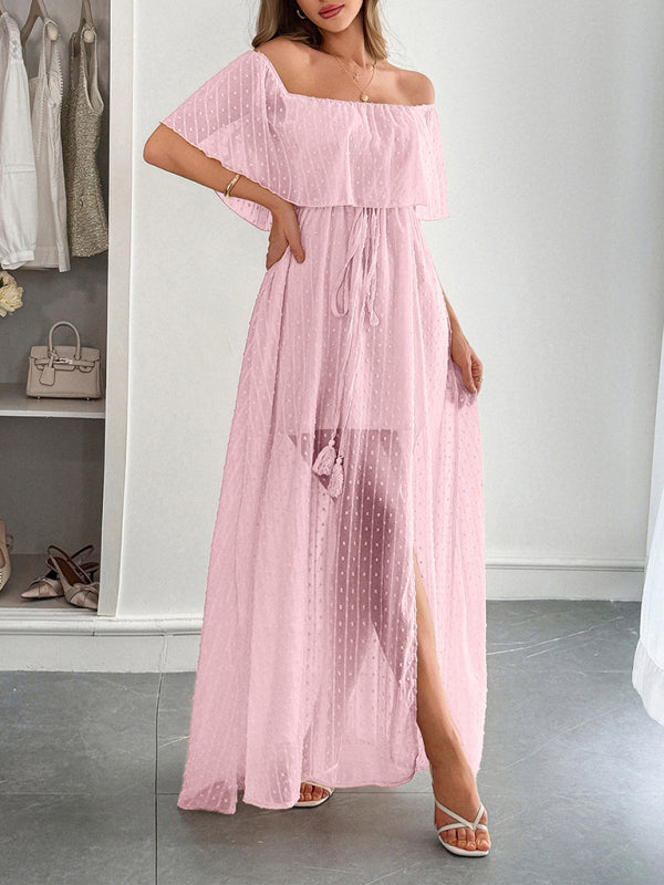 Elegant Strapless Waisted Short Sleeve Long Dress Pink