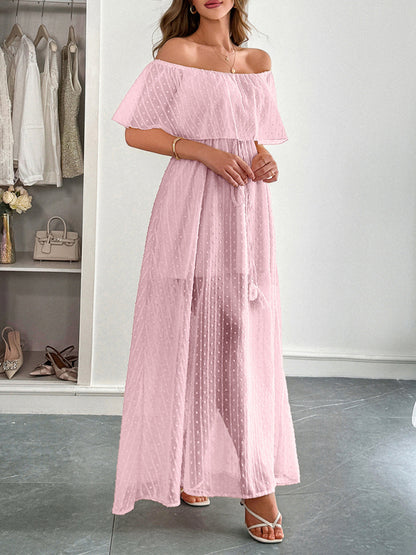 Elegant Strapless Waisted Short Sleeve Long Dress