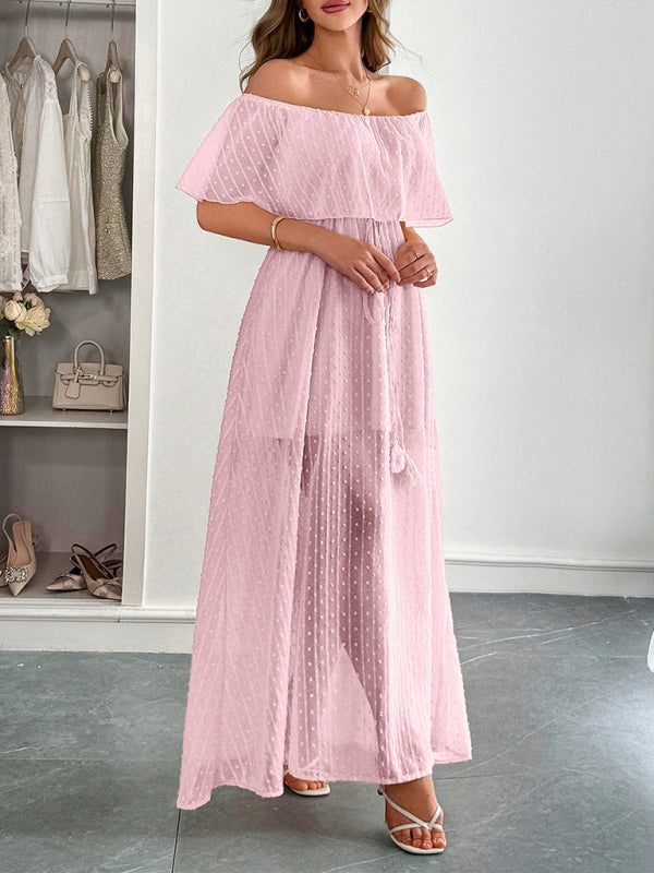 Elegant Strapless Waisted Short Sleeve Long Dress