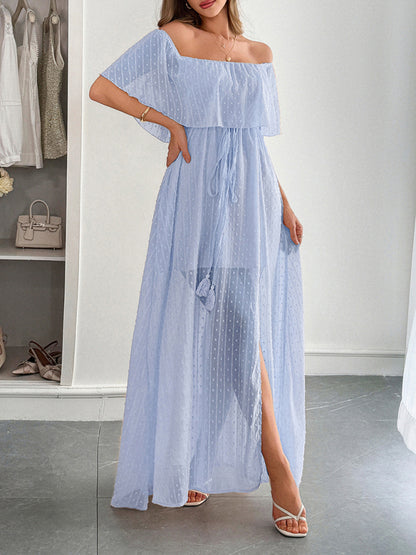 Elegant Strapless Waisted Short Sleeve Long Dress