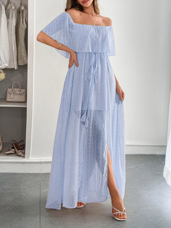 Elegant Strapless Waisted Short Sleeve Long Dress