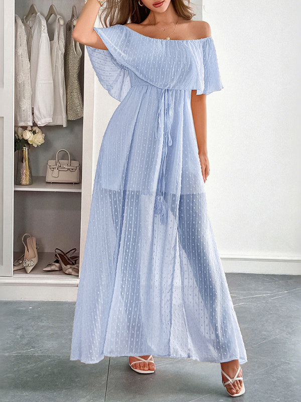 Elegant Strapless Waisted Short Sleeve Long Dress Sky blue azure