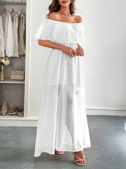 Elegant Strapless Waisted Short Sleeve Long Dress White