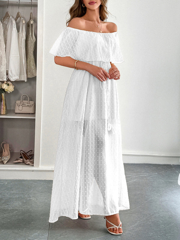 Elegant Strapless Waisted Short Sleeve Long Dress White