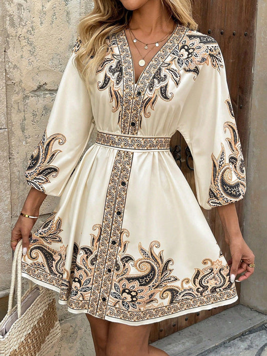 Modern Printed V-Neck Three-Quarter Sleeve Tie-Waist Dress Cracker khaki