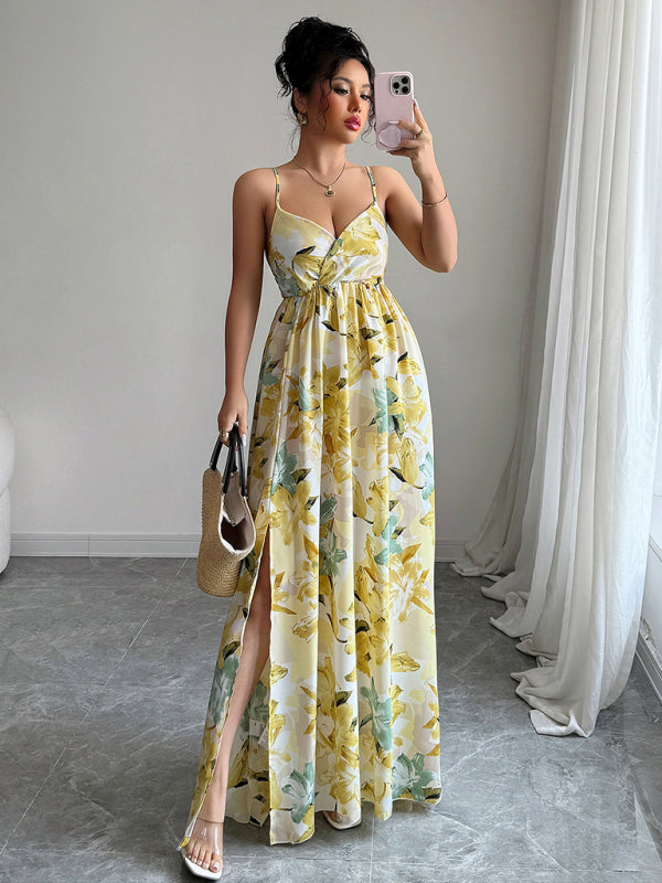 Fashionable and elegant suspender printed long dress