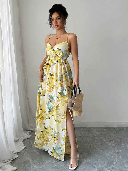 Fashionable and elegant suspender printed long dress Yellow