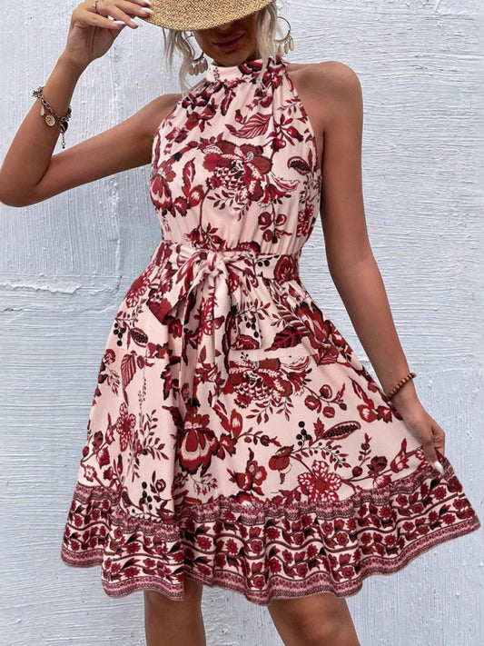 Fashion floral waist halter neck dress Red