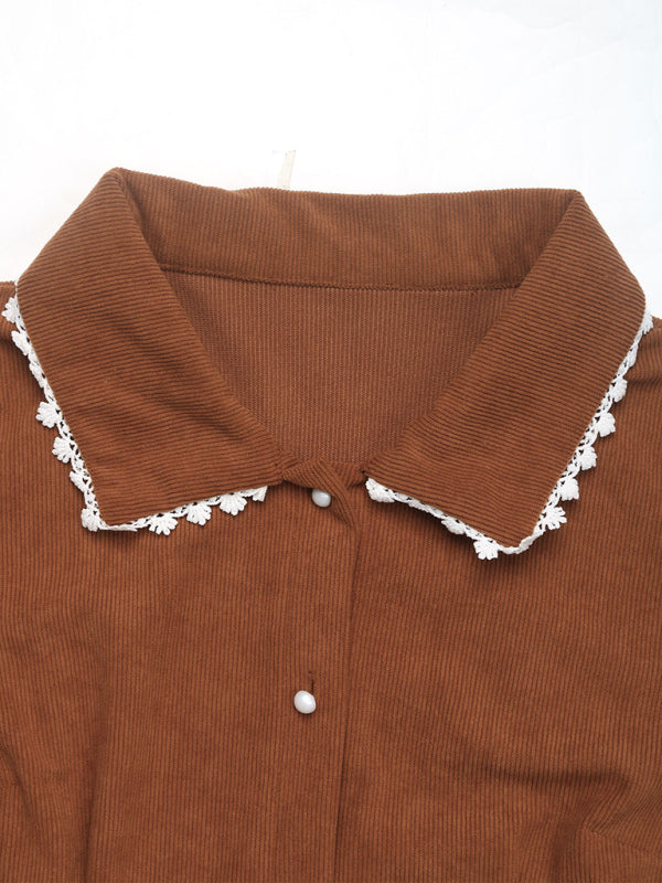 Lapel stitching lace long-sleeved shirt corduroy dress