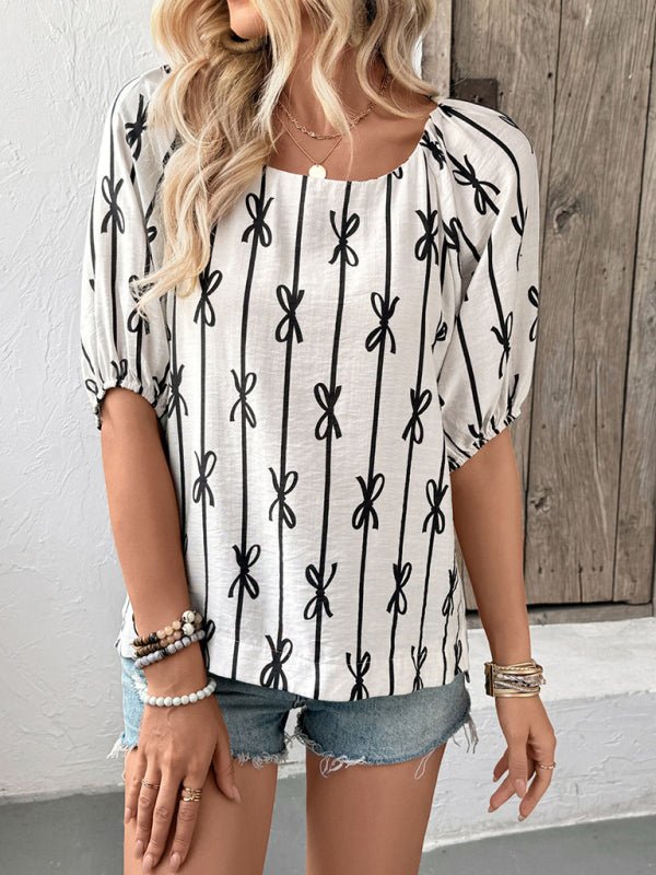 Sweet and simple puff sleeve square neck bow line shirt