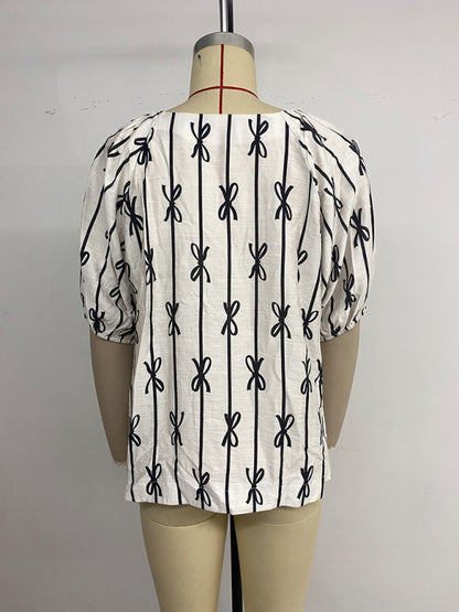 Sweet and simple puff sleeve square neck bow line shirt