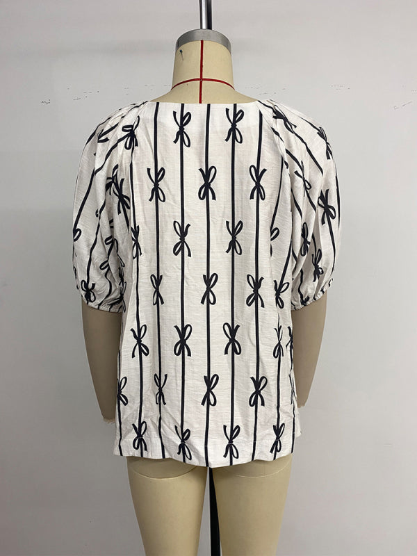 Sweet and simple puff sleeve square neck bow line shirt