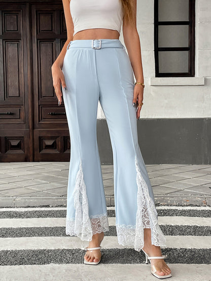 High Waist Lace Flared Pants with Belt - Elegant Wide Leg Trousers Blue