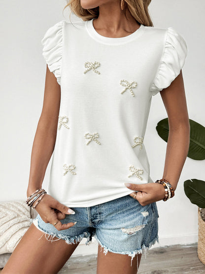 Casual Bowknot Round Neck Pullover Beaded Puff Sleeve T-shirt