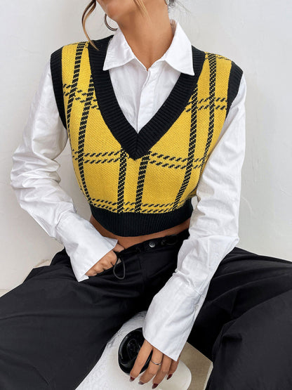 Checked V-Neck Vest - Knitted Sleeveless Sweater Yellow