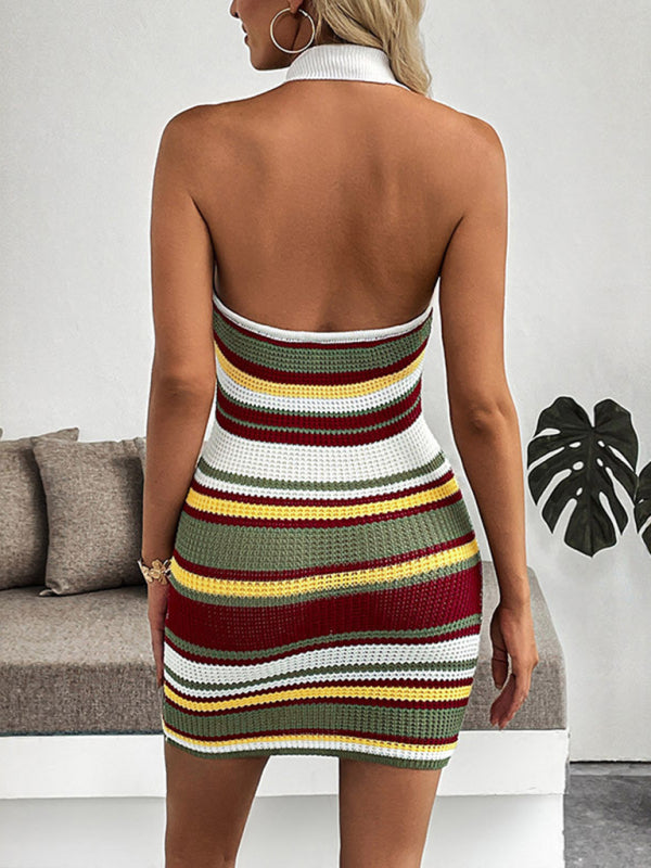 Modern Retro Striped Halter Neck Open Back Slim Fit Knit Dress