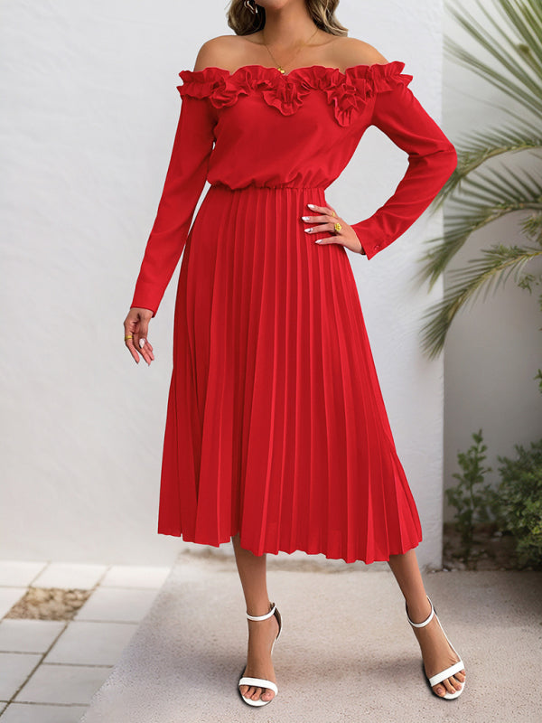 Party elegant sweet style one shoulder long sleeve solid color women's dress Red