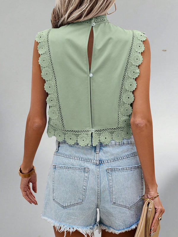 Lace Embroidered Chiffon Blouse - Sleeveless Hollow Top