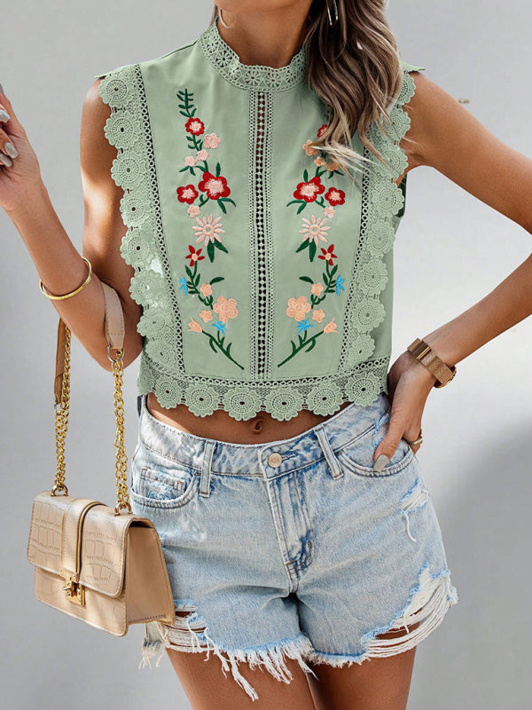 Lace Embroidered Chiffon Blouse - Sleeveless Hollow Top