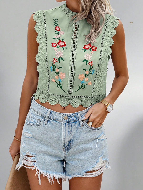 Lace Embroidered Chiffon Blouse - Sleeveless Hollow Top Green tea
