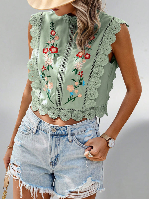 Lace Embroidered Chiffon Blouse - Sleeveless Hollow Top