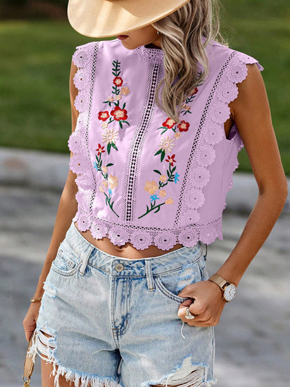 Lace Embroidered Chiffon Blouse - Sleeveless Hollow Top