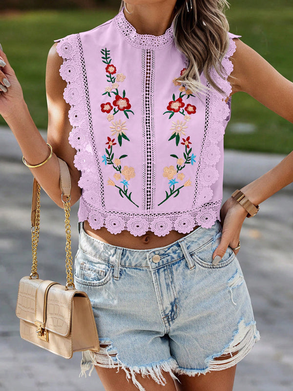 Lace Embroidered Chiffon Blouse - Sleeveless Hollow Top