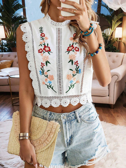 Lace Embroidered Chiffon Blouse - Sleeveless Hollow Top White