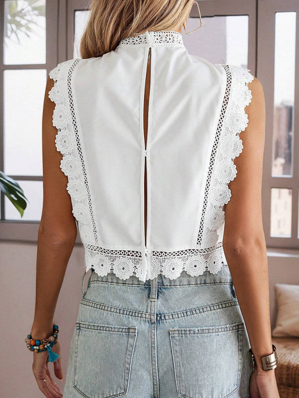 Lace Embroidered Chiffon Blouse - Sleeveless Hollow Top