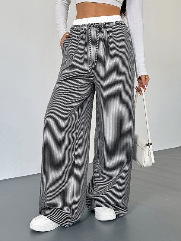 Contrast color striped casual trousers Black