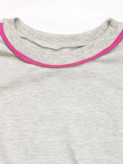 Round Neck Contrast Color Loose Sweatshirt - Knit Polyester