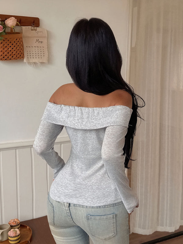 Grey Off Shoulder T-Shirt - Slim Fit Long Sleeve Knit Top
