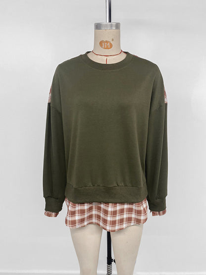 Plaid Stitching Pullover Sweatshirt - Round Neck Knit Top