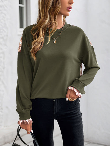 Plaid Stitching Pullover Sweatshirt - Round Neck Knit Top