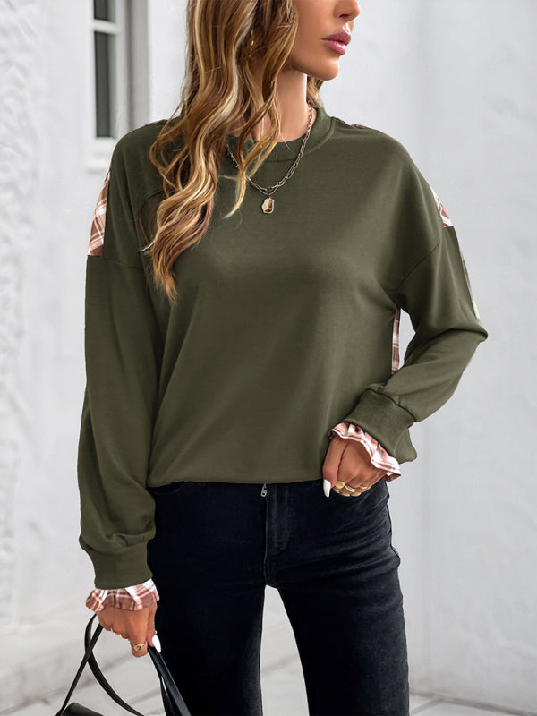 Plaid Stitching Pullover Sweatshirt - Round Neck Knit Top