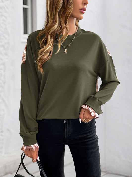 Plaid Stitching Pullover Sweatshirt - Round Neck Knit Top