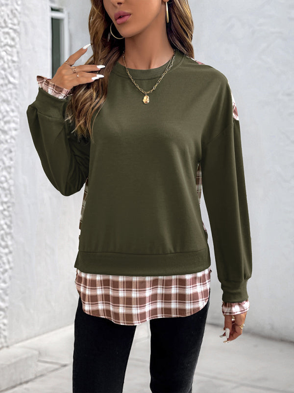 Plaid Stitching Pullover Sweatshirt - Round Neck Knit Top Olive green