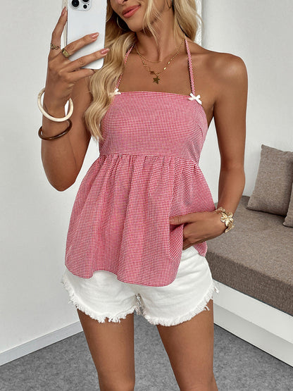 Checked halter neck vest Red