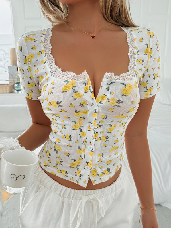 Floral Lace T-Shirt - Y2K Style Short Sleeve Top Yellow